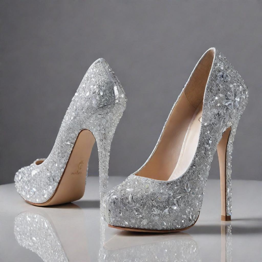 A dazzling pair of high heels made entirely from sparkling diamonds, reflecting light with every facet.