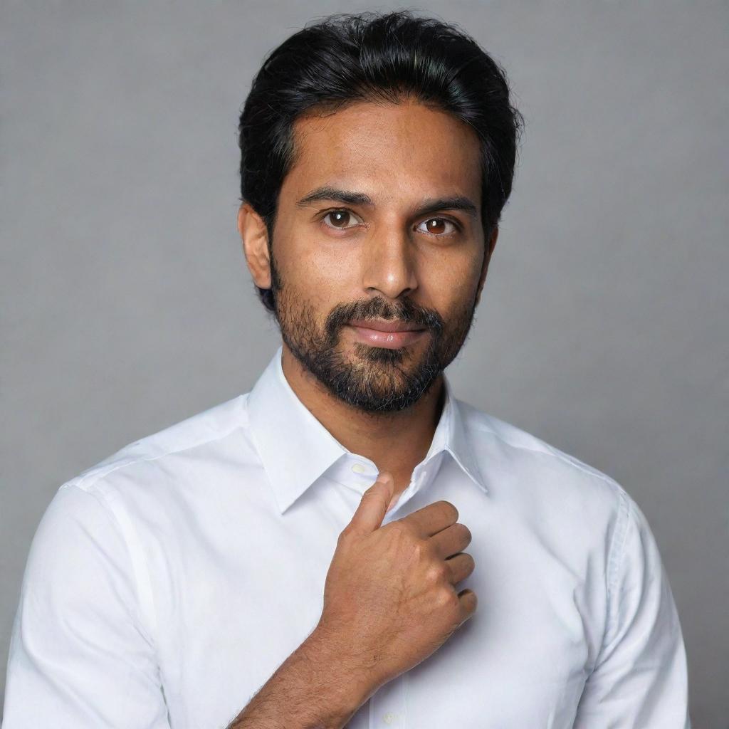 Portrait of a South Asian man with stubble beard wearing a dress shirt.