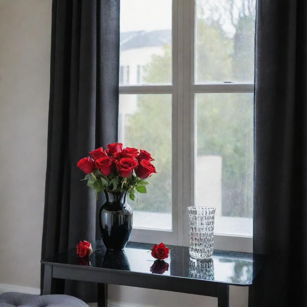 A sleek black glass table stands next to a window adorned with curtains. On top of the table, there is an elegant glass vase holding seven vibrant red roses.