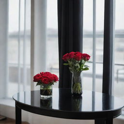 A sleek black glass table stands next to a window adorned with curtains. On top of the table, there is an elegant glass vase holding seven vibrant red roses.