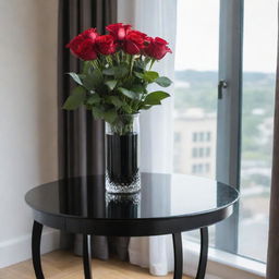 A sleek black glass table stands next to a window adorned with curtains. On top of the table, there is an elegant glass vase holding seven vibrant red roses.