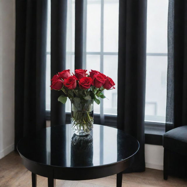 A sleek black glass table stands next to a window adorned with curtains. On top of the table, there is an elegant glass vase holding seven vibrant red roses.