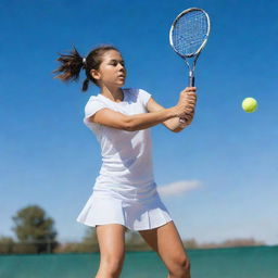 A dynamic scene of a young girl intensely playing tennis, mid-swing, under a bright, clear sky.