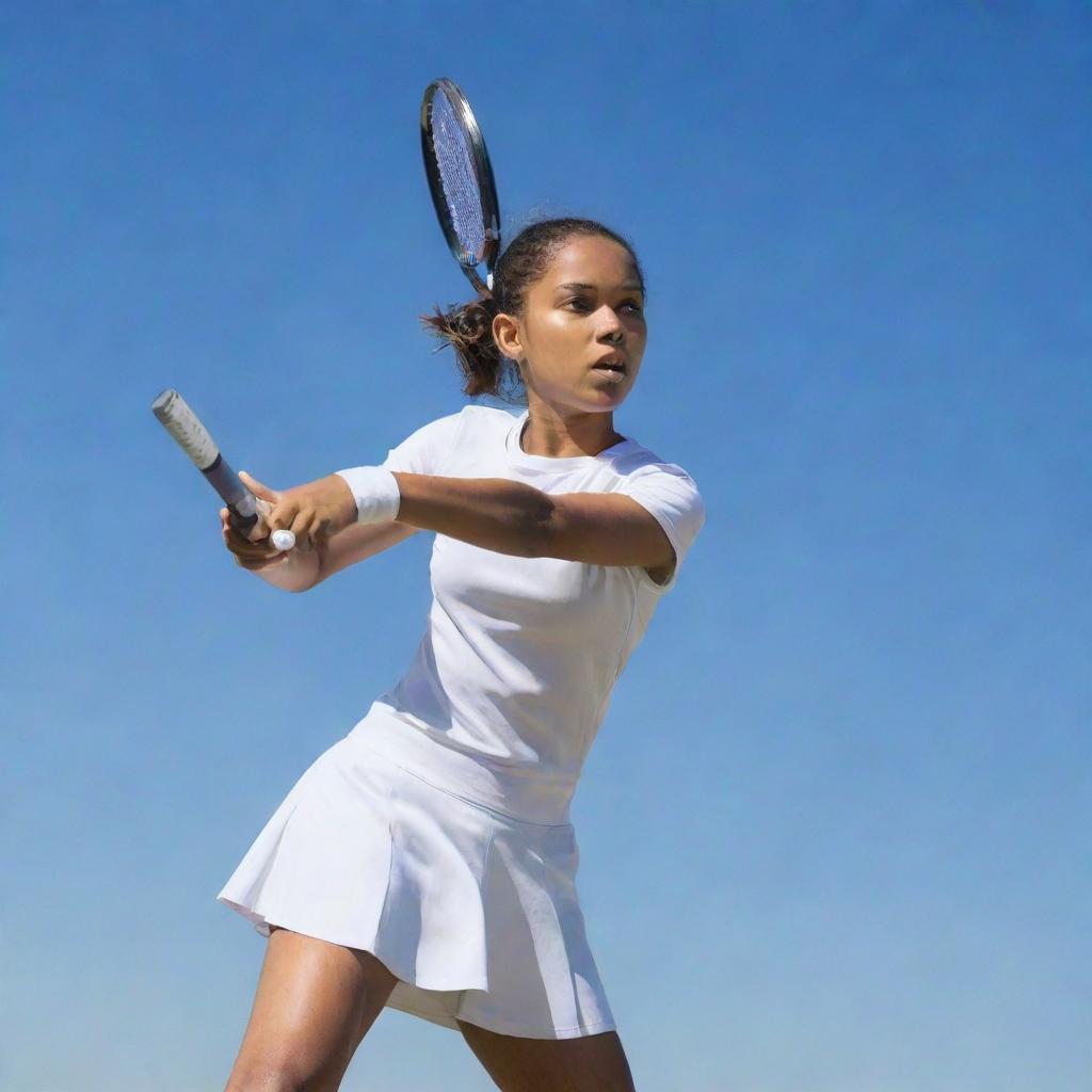 A dynamic scene of a young girl intensely playing tennis, mid-swing, under a bright, clear sky.