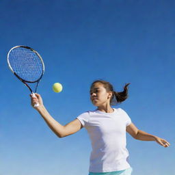 A dynamic scene of a young girl intensely playing tennis, mid-swing, under a bright, clear sky.