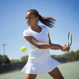 A dynamic scene of a young girl intensely playing tennis, mid-swing, under a bright, clear sky.