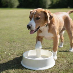 A playful dog enthusiastically lapping up milk from a saucer on a sunny day