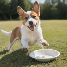 A playful dog enthusiastically lapping up milk from a saucer on a sunny day