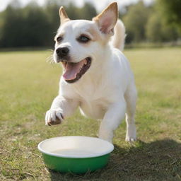 A playful dog enthusiastically lapping up milk from a saucer on a sunny day