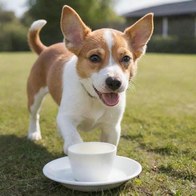 A playful dog enthusiastically lapping up milk from a saucer on a sunny day