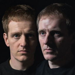 A dual-faced portrait of Claudius from Hamlet, with one face displaying a benevolent and kind expression, and the other side depicting a sinister, evil look. The contrasting faces are bathed in light and darkness respectively.