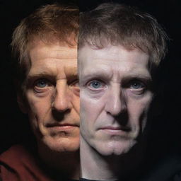 A dual-faced portrait of Claudius from Hamlet, with one face displaying a benevolent and kind expression, and the other side depicting a sinister, evil look. The contrasting faces are bathed in light and darkness respectively.