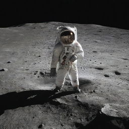 An astronaut standing against the backdrop of the moon's crater-filled surface, with Earth visible in the distant night sky