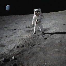 An astronaut standing against the backdrop of the moon's crater-filled surface, with Earth visible in the distant night sky