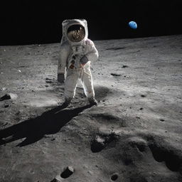 An astronaut standing against the backdrop of the moon's crater-filled surface, with Earth visible in the distant night sky