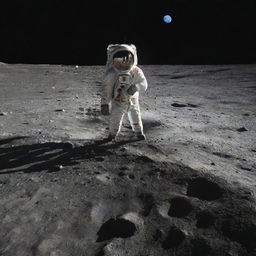 An astronaut standing against the backdrop of the moon's crater-filled surface, with Earth visible in the distant night sky