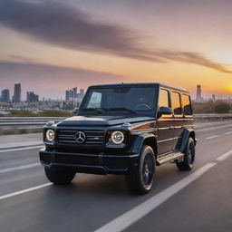 A sleek, pure black Mercedes G-Wagon cruising on a bustling highway under a majestic sunset, with a hint of futuristic elements.