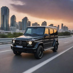 A sleek, pure black Mercedes G-Wagon cruising on a bustling highway under a majestic sunset, with a hint of futuristic elements.