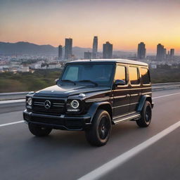 A sleek, pure black Mercedes G-Wagon cruising on a bustling highway under a majestic sunset, with a hint of futuristic elements.