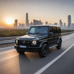 A sleek, pure black Mercedes G-Wagon cruising on a bustling highway under a majestic sunset, with a hint of futuristic elements.