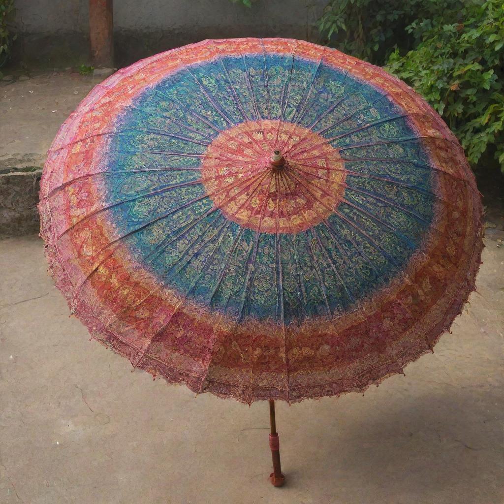 A traditional Indian seven-canopy umbrella (also known as Satchari) crafted with intricate designs and vibrant colours.