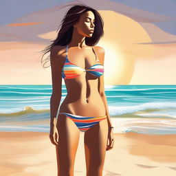 This high-quality digital art piece captures a young woman in a stylish bikini