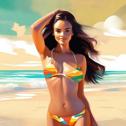 This high-quality digital art piece captures a young woman in a stylish bikini