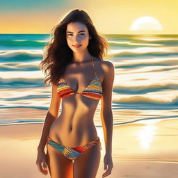 This high-quality digital art piece captures a young woman in a stylish bikini