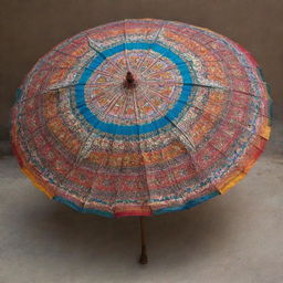 A traditional Indian seven-canopy umbrella (also known as Satchari) crafted with intricate designs and vibrant colours.