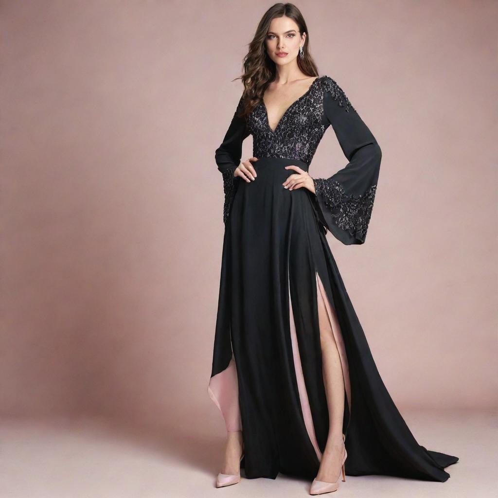 A stunning black silk evening dress, sparkling with sequins, featuring long bell sleeves and a flowing bell skirt, subtly accented with soft pink highlights.