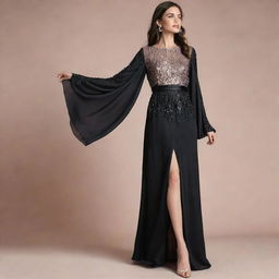 A stunning black silk evening dress, sparkling with sequins, featuring long bell sleeves and a flowing bell skirt, subtly accented with soft pink highlights.