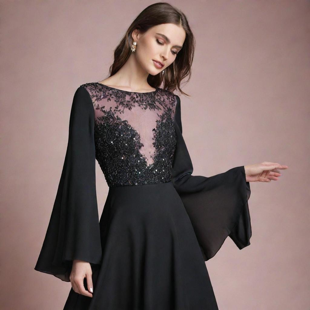 A stunning black silk evening dress, sparkling with sequins, featuring long bell sleeves and a flowing bell skirt, subtly accented with soft pink highlights.