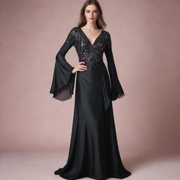 A stunning black silk evening dress, sparkling with sequins, featuring long bell sleeves and a flowing bell skirt, subtly accented with soft pink highlights.