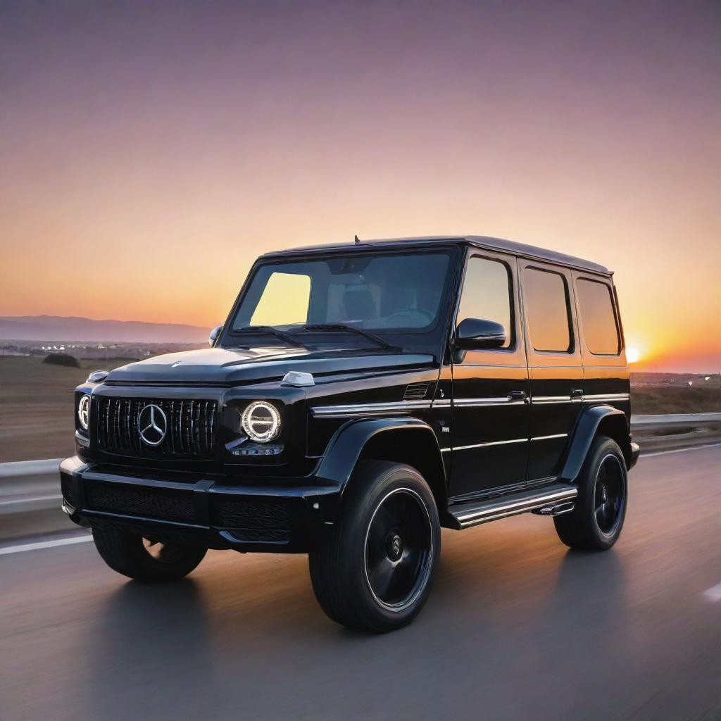 A high-tech, ultra-glossy black Mercedes G-Wagon with advanced features, illuminating the highway under a vibrant sunset.