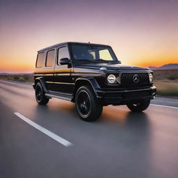 A high-tech, ultra-glossy black Mercedes G-Wagon with advanced features, illuminating the highway under a vibrant sunset.