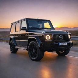 A high-tech, ultra-glossy black Mercedes G-Wagon with advanced features, illuminating the highway under a vibrant sunset.