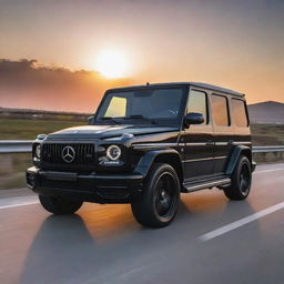 A high-tech, ultra-glossy black Mercedes G-Wagon with advanced features, illuminating the highway under a vibrant sunset.