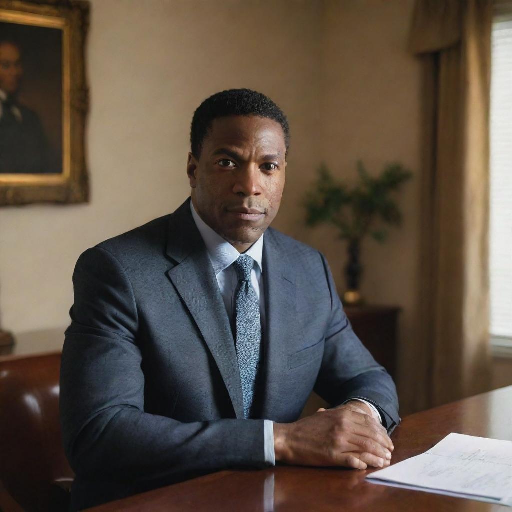 A portrait of a dignified black man sitting confidently behind a desk, facing forward in a room. The composition of this piece maintains a 3:2 aspect ratio.