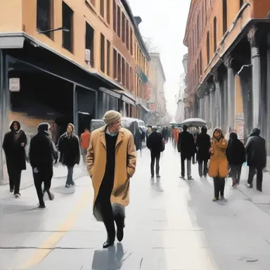 The artist depicted an unsuspecting passerby in a bustling cityscape.