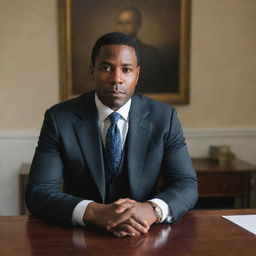 A portrait of a dignified black man sitting confidently behind a desk, facing forward in a room. The composition of this piece maintains a 3:2 aspect ratio.