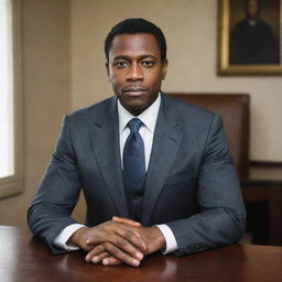 A portrait of a dignified black man sitting confidently behind a desk, facing forward in a room. The composition of this piece maintains a 3:2 aspect ratio.