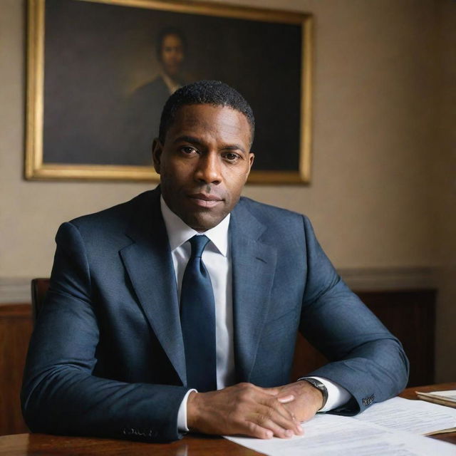 A portrait of a dignified black man sitting confidently behind a desk, facing forward in a room. The composition of this piece maintains a 3:2 aspect ratio.