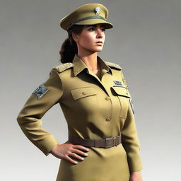 This is a digital art image of an Israeli woman soldier, standing upright in her ceremonial uniform