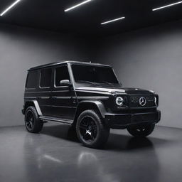 An advanced high-tech, ultra-glossy black Mercedes G-Wagon situated in a minimalist, grey-toned futurist room, the vehicle itself embellished with futuristic features.