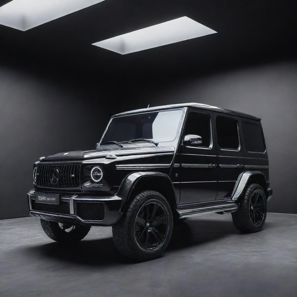 An advanced high-tech, ultra-glossy black Mercedes G-Wagon situated in a minimalist, grey-toned futurist room, the vehicle itself embellished with futuristic features.