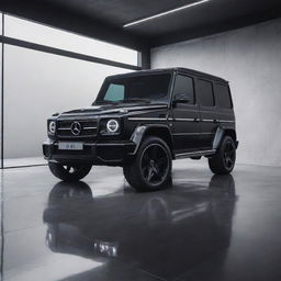 An advanced high-tech, ultra-glossy black Mercedes G-Wagon situated in a minimalist, grey-toned futurist room, the vehicle itself embellished with futuristic features.