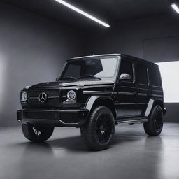 An advanced high-tech, ultra-glossy black Mercedes G-Wagon situated in a minimalist, grey-toned futurist room, the vehicle itself embellished with futuristic features.