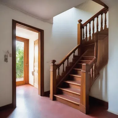 The staircase in the house was designed with paralytic abasia in mind, providing a wide and gradual incline to help people with leg muscle paralysis move easily.