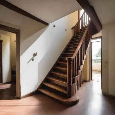 The staircase in the house was designed with paralytic abasia in mind, providing a wide and gradual incline to help people with leg muscle paralysis move easily.