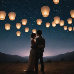 Two lovers gazing into each other's eyes under a starlit sky, surrounded by softly glowing lanterns giving off warm light against the serene night backdrop